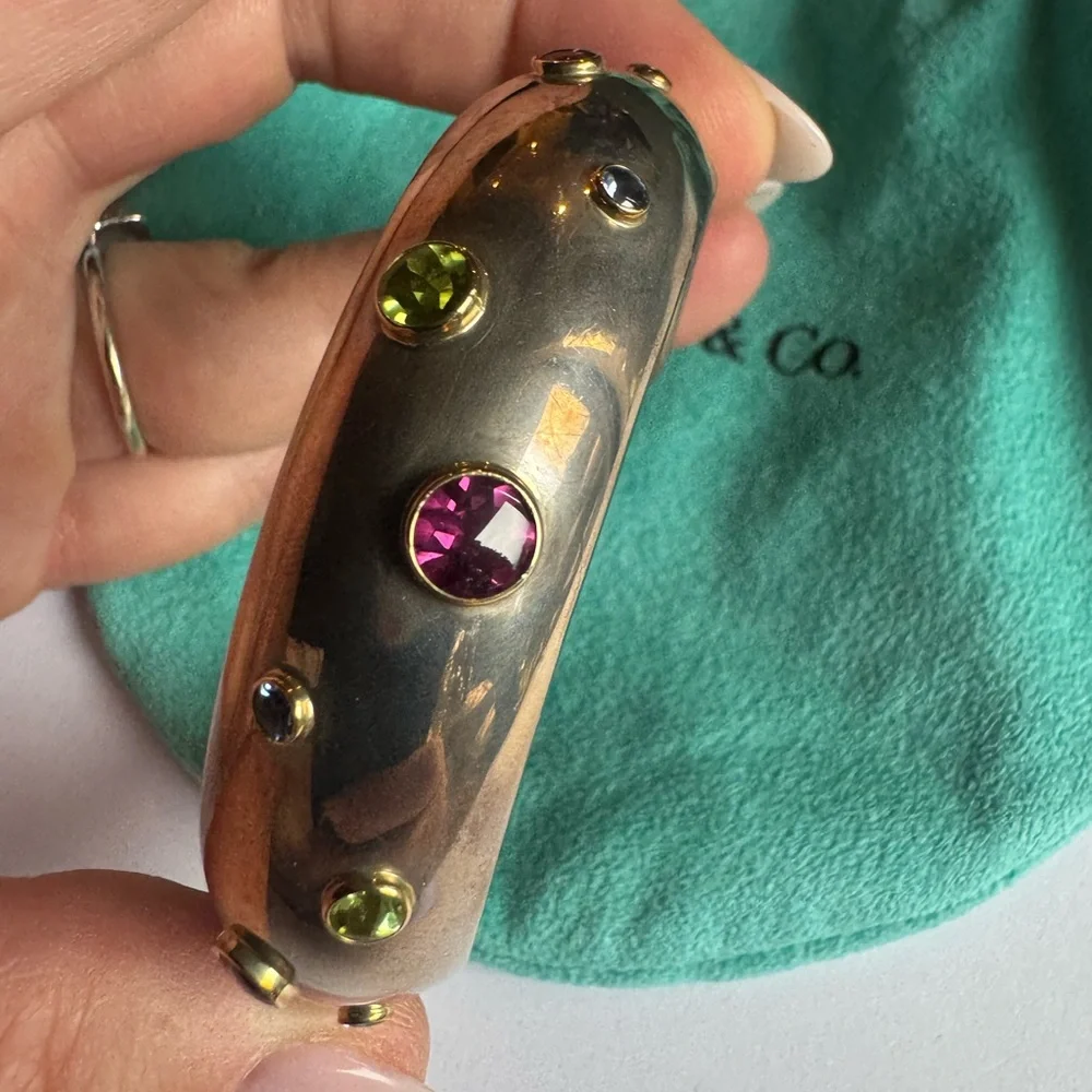 Tiffany & Co Sterling Silver and 18K Gold Multi-Gemstone Cuff 6" Wrist 85.6g - Picture 9 of 16